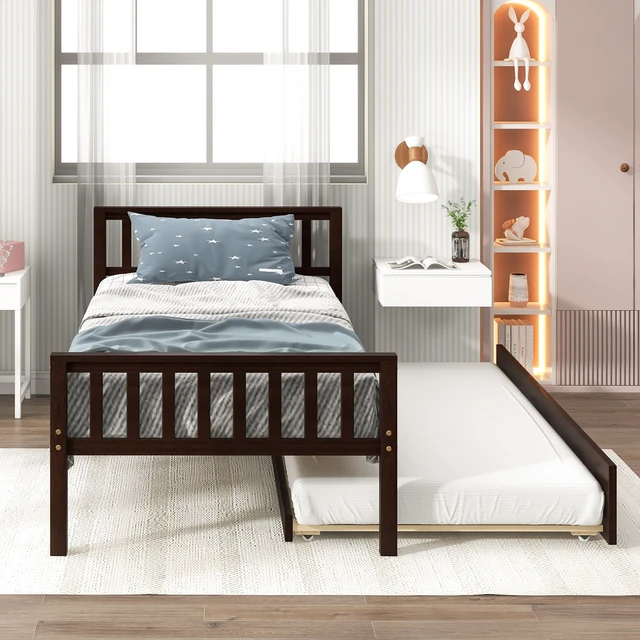 Alt view image 5 of 7 - Twin Bed with Trundle, Platform Bed Frame with Headboard and Footboard, for Bedroom Small Living Space,No Box Spring Needed,Espresso