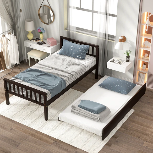Alt view image 4 of 7 - Twin Bed with Trundle, Platform Bed Frame with Headboard and Footboard, for Bedroom Small Living Space,No Box Spring Needed,Espresso