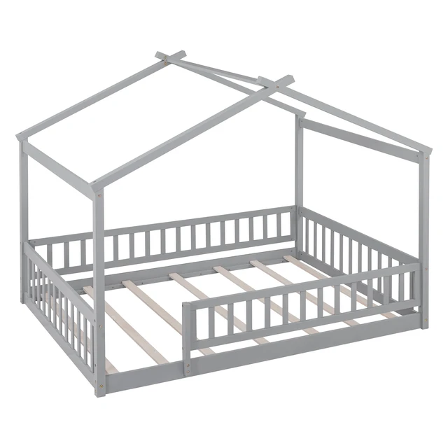 Alt view image 4 of 7 - Full Size Wood Bed House Bed Frame with Fence, for Kids, Teens, Girls, Boys,Gray