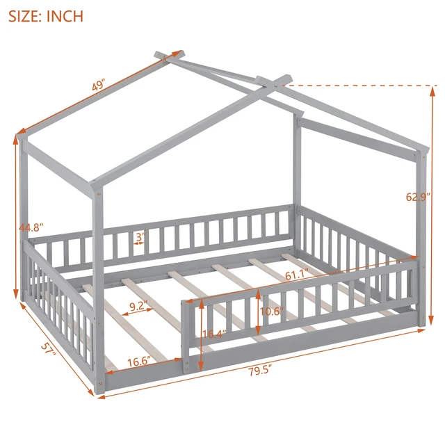 Alt view image 3 of 7 - Full Size Wood Bed House Bed Frame with Fence, for Kids, Teens, Girls, Boys,Gray