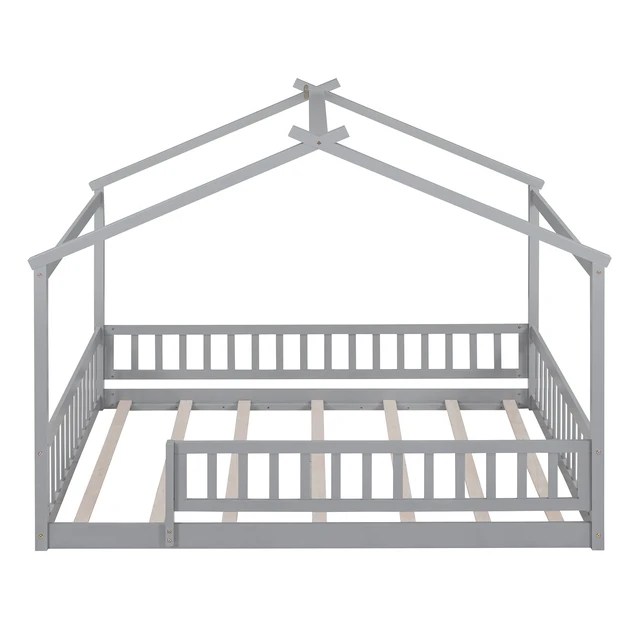 Alt view image 6 of 7 - Full Size Wood Bed House Bed Frame with Fence, for Kids, Teens, Girls, Boys,Gray
