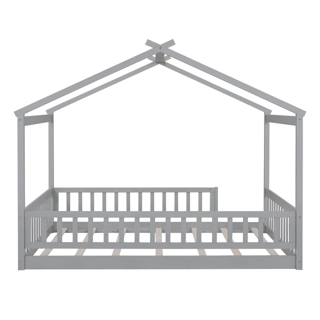 Alt view image 7 of 7 - Full Size Wood Bed House Bed Frame with Fence, for Kids, Teens, Girls, Boys,Gray