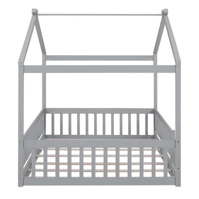 Alt view image 5 of 7 - Full Size Wood Bed House Bed Frame with Fence, for Kids, Teens, Girls, Boys,Gray
