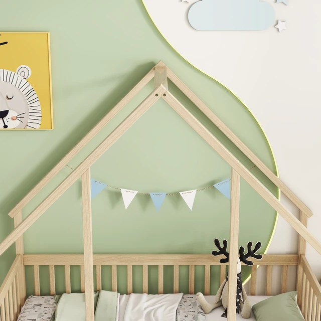 Alt view image 5 of 7 - Twin Wood House-Shaped Floor Bed with Fence, Guardrails ,Natural