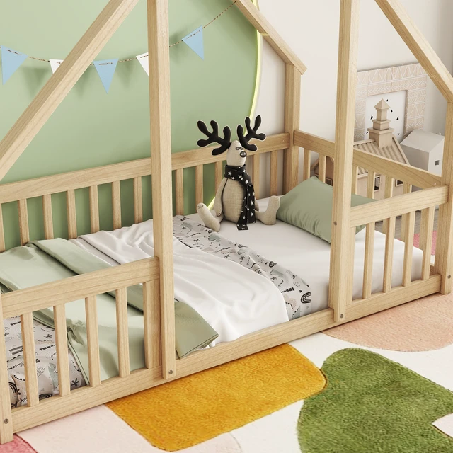 Alt view image 4 of 7 - Twin Wood House-Shaped Floor Bed with Fence, Guardrails ,Natural