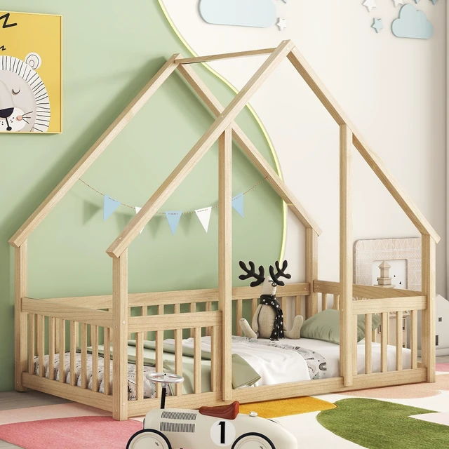 Main image of Twin Wood House-Shaped Floor Bed with Fence, Guardrails ,Natural