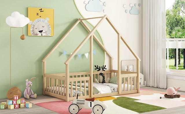 Alt view image 7 of 7 - Twin Wood House-Shaped Floor Bed with Fence, Guardrails ,Natural