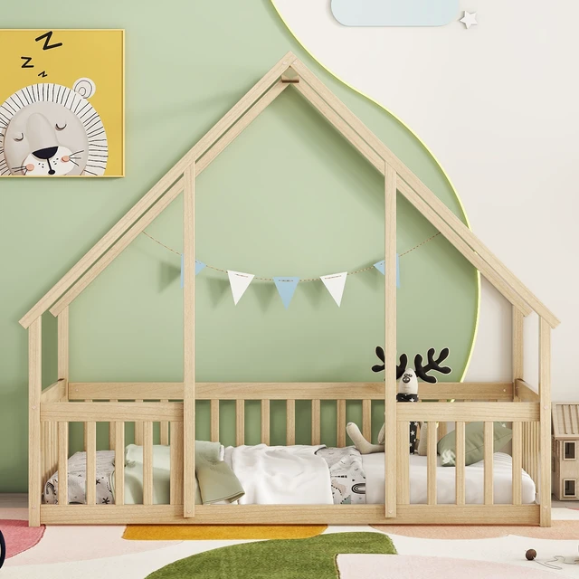 Alt view image 3 of 7 - Twin Wood House-Shaped Floor Bed with Fence, Guardrails ,Natural