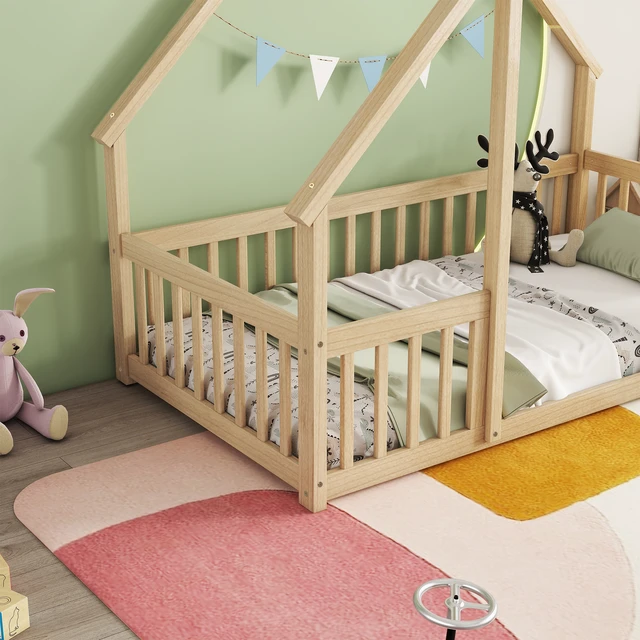 Alt view image 6 of 7 - Twin Wood House-Shaped Floor Bed with Fence, Guardrails ,Natural