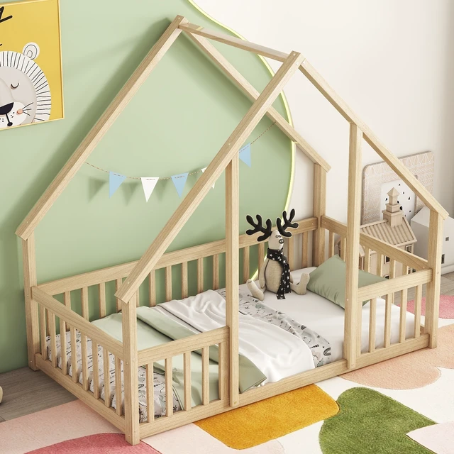 Alt view image 2 of 7 - Twin Wood House-Shaped Floor Bed with Fence, Guardrails ,Natural