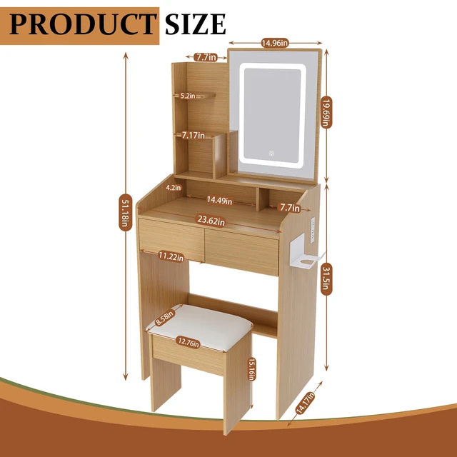Alt view image 3 of 7 - Vanity Table with LED-Illuminated Mirror, Power Outlet, Hairdryer Holder & Stool Compact Dressing Desk for Small Bedrooms(Wood)