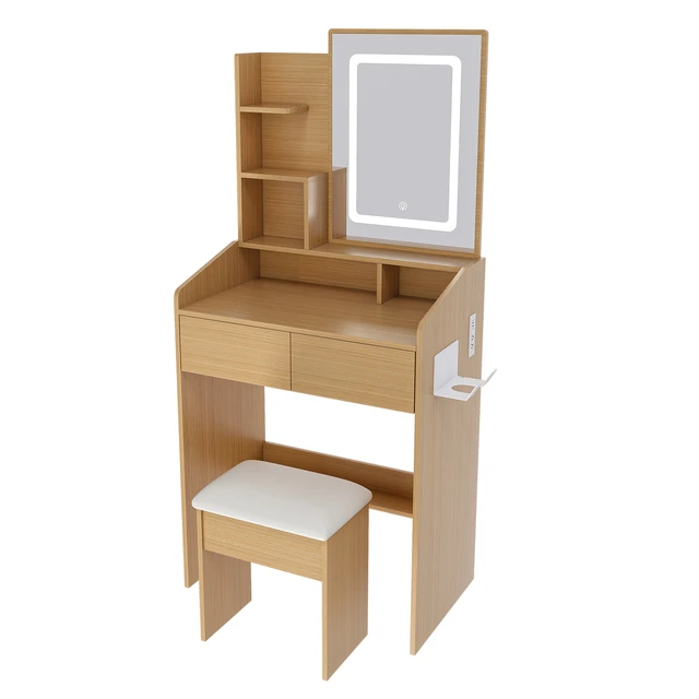 Alt view image 4 of 7 - Vanity Table with LED-Illuminated Mirror, Power Outlet, Hairdryer Holder & Stool Compact Dressing Desk for Small Bedrooms(Wood)