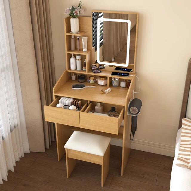 Alt view image 2 of 7 - Vanity Table with LED-Illuminated Mirror, Power Outlet, Hairdryer Holder & Stool Compact Dressing Desk for Small Bedrooms(Wood)