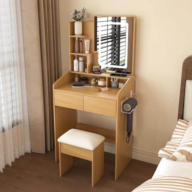Alt view image 5 of 7 - Vanity Table with LED-Illuminated Mirror, Power Outlet, Hairdryer Holder & Stool Compact Dressing Desk for Small Bedrooms(Wood)