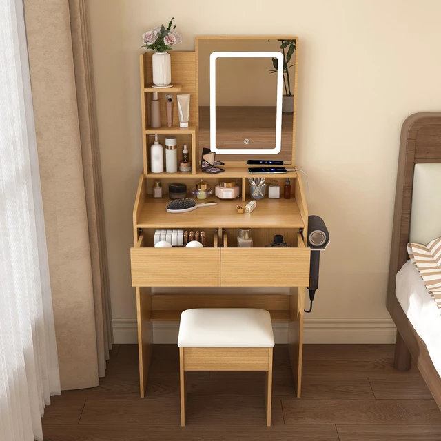 Alt view image 6 of 7 - Vanity Table with LED-Illuminated Mirror, Power Outlet, Hairdryer Holder & Stool Compact Dressing Desk for Small Bedrooms(Wood)