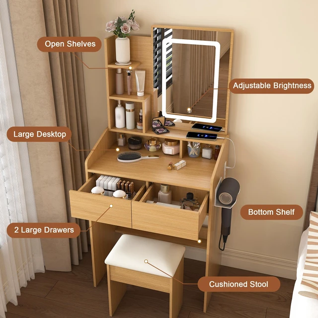 Alt view image 7 of 7 - Vanity Table with LED-Illuminated Mirror, Power Outlet, Hairdryer Holder & Stool Compact Dressing Desk for Small Bedrooms(Wood)