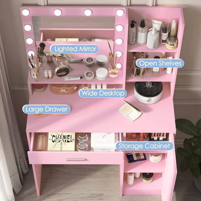 Alt view image 2 of 7 - Vanity Desk with Mirror & Light, Large Drawer Three Level Storage Dresser, 3 Lighting Modes Adjustable Brightness, Bedroom Dressing Table(Pink)
