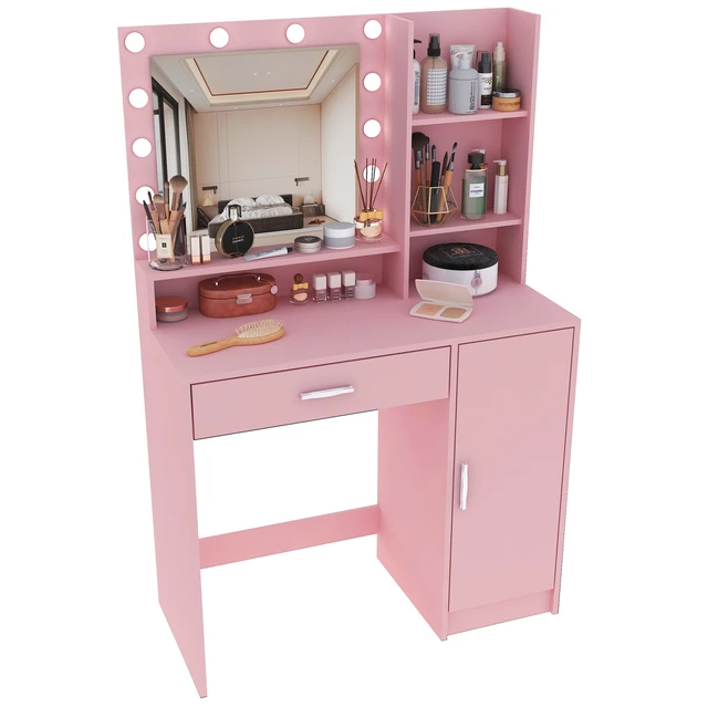 Alt view image 7 of 7 - Vanity Desk with Mirror & Light, Large Drawer Three Level Storage Dresser, 3 Lighting Modes Adjustable Brightness, Bedroom Dressing Table(Pink)