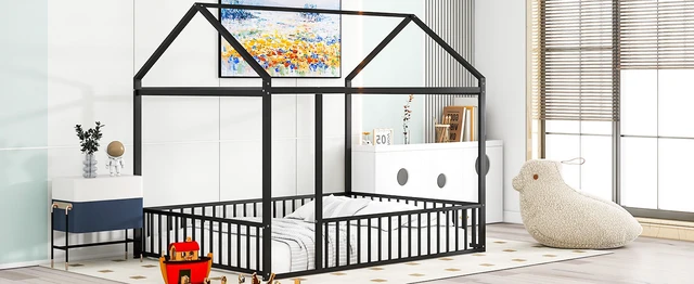 Alt view image 3 of 7 - Full Size Metal Bed House Bed Frame with Fence, for Kids, Teens, Girls, Boys,Black