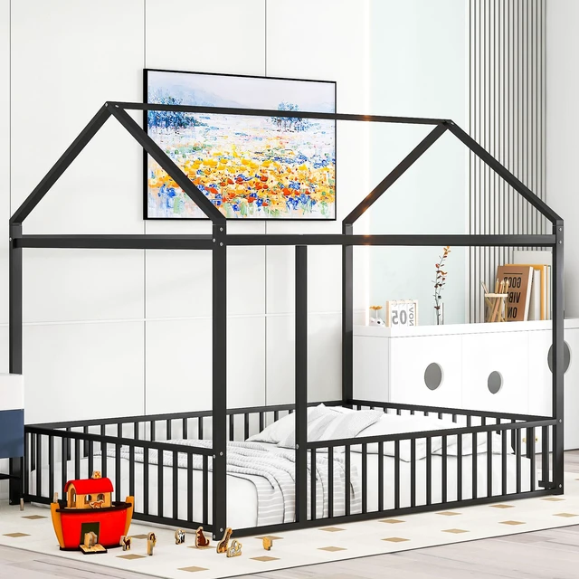 Main image of Full Size Metal Bed House Bed Frame with Fence, for Kids, Teens, Girls, Boys,Black