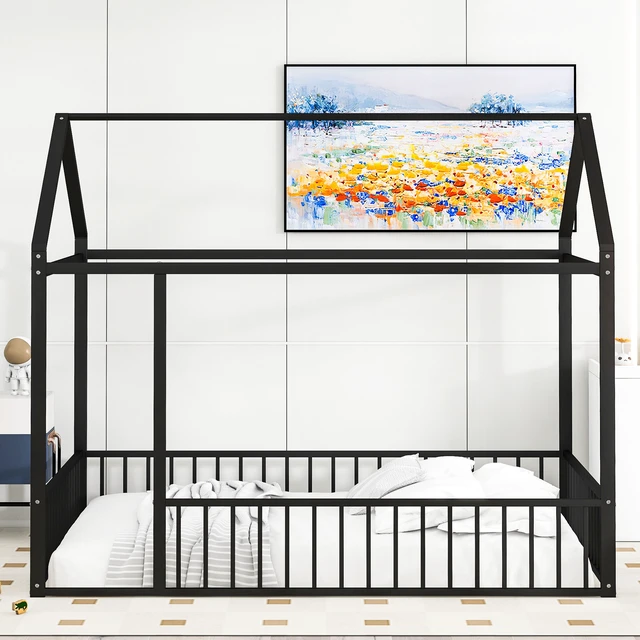 Alt view image 2 of 7 - Full Size Metal Bed House Bed Frame with Fence, for Kids, Teens, Girls, Boys,Black