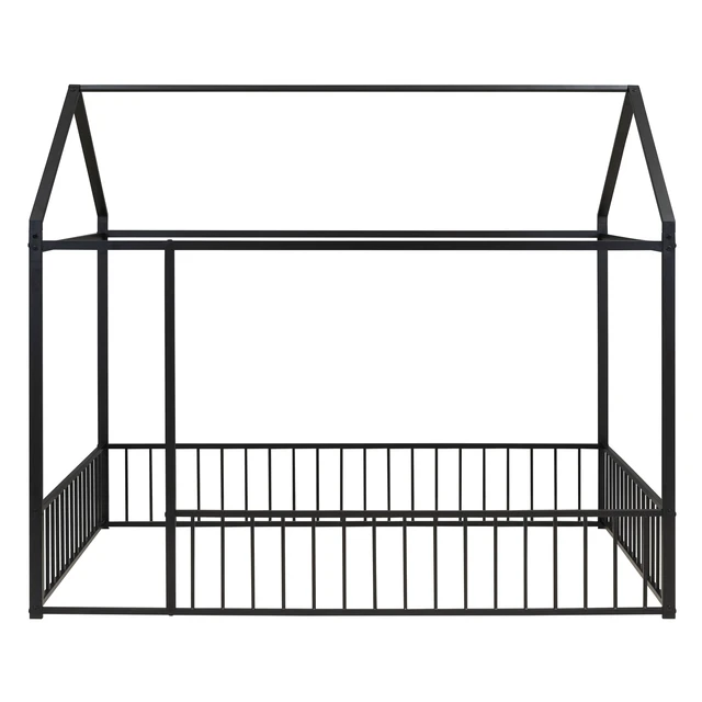 Alt view image 4 of 7 - Full Size Metal Bed House Bed Frame with Fence, for Kids, Teens, Girls, Boys,Black