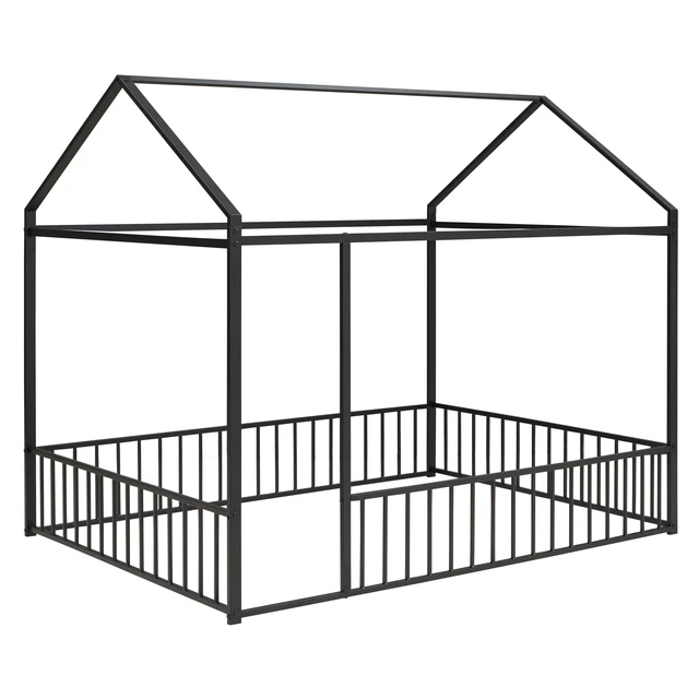 Alt view image 5 of 7 - Full Size Metal Bed House Bed Frame with Fence, for Kids, Teens, Girls, Boys,Black