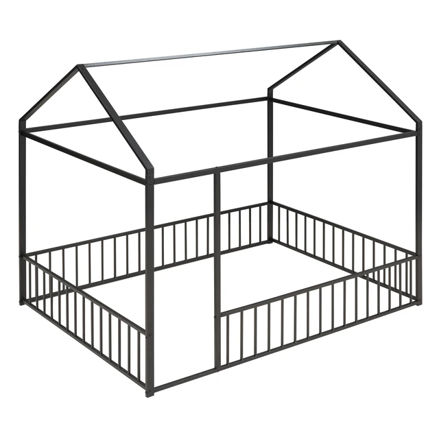 Alt view image 6 of 7 - Full Size Metal Bed House Bed Frame with Fence, for Kids, Teens, Girls, Boys,Black