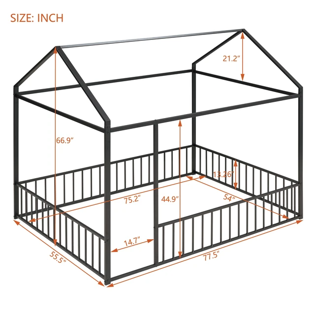 Alt view image 7 of 7 - Full Size Metal Bed House Bed Frame with Fence, for Kids, Teens, Girls, Boys,Black