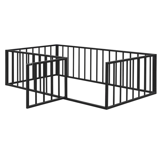 Alt view image 4 of 7 - Twin Size Metal Floor Bed Frame with Fence and Door, Black
