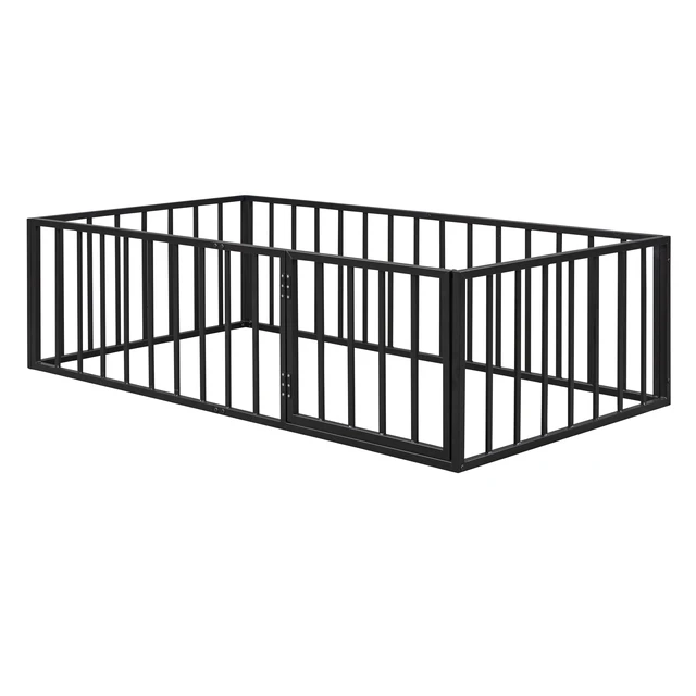 Alt view image 6 of 7 - Twin Size Metal Floor Bed Frame with Fence and Door, Black
