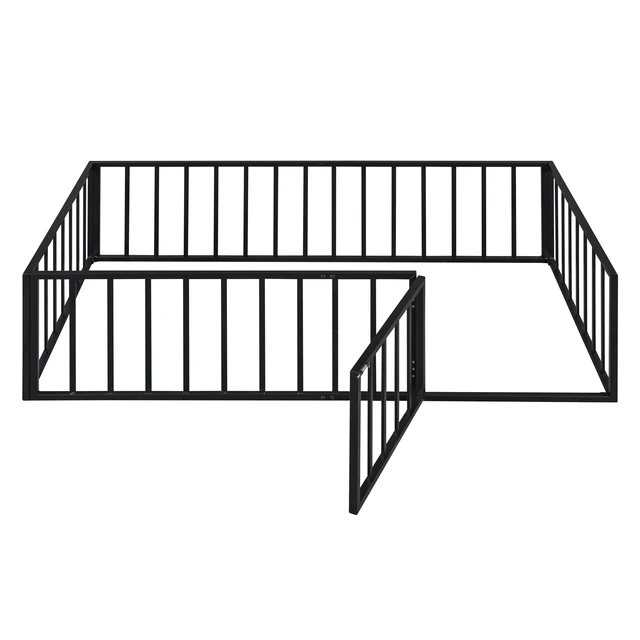 Alt view image 5 of 7 - Twin Size Metal Floor Bed Frame with Fence and Door, Black