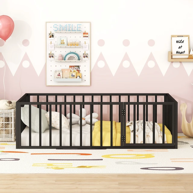 Alt view image 3 of 7 - Twin Size Metal Floor Bed Frame with Fence and Door, Black