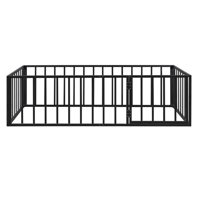 Alt view image 7 of 7 - Twin Size Metal Floor Bed Frame with Fence and Door, Black