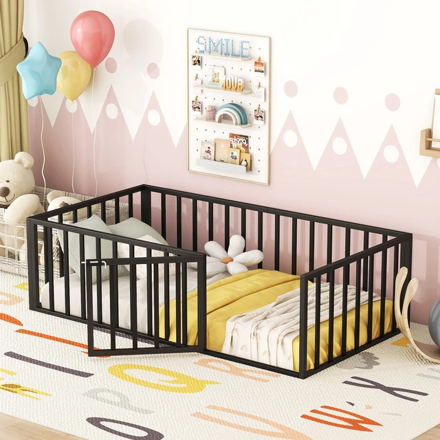 Main image of Twin Size Metal Floor Bed Frame with Fence and Door, Black