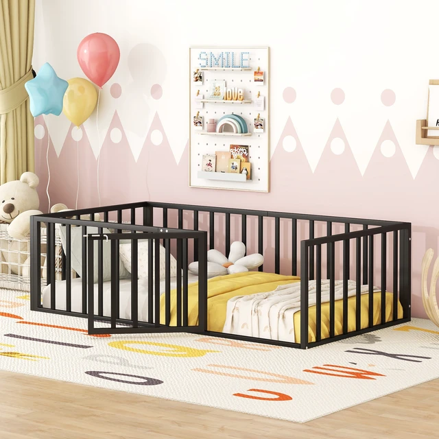 Alt view image 2 of 7 - Twin Size Metal Floor Bed Frame with Fence and Door, Black
