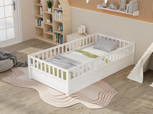 Alt view image 3 of 7 - Twin Size Floor bed, integral construction with super high security barrier, door, children's floor bed frame, Montessori wooden children's floor bed, Support slat white(Patented model)