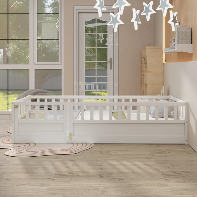 Main image of Twin Size Floor bed, integral construction with super high security barrier, door, children's floor bed frame, Montessori wooden children's floor bed, Support slat white(Patented model)