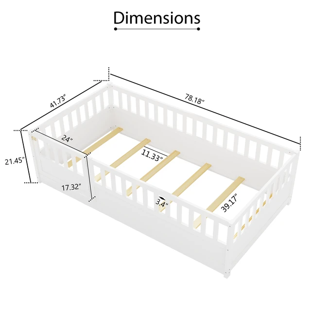 Alt view image 6 of 7 - Twin Size Floor bed, integral construction with super high security barrier, door, children's floor bed frame, Montessori wooden children's floor bed, Support slat white(Patented model)