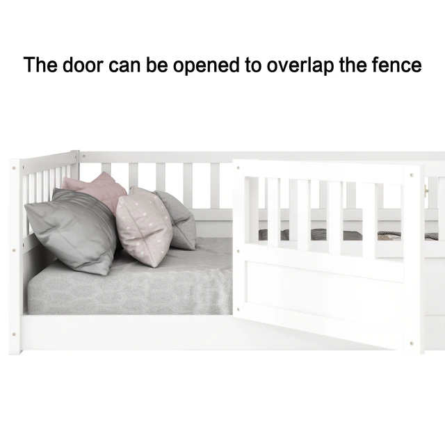 Alt view image 7 of 7 - Twin Size Floor bed, integral construction with super high security barrier, door, children's floor bed frame, Montessori wooden children's floor bed, Support slat white(Patented model)