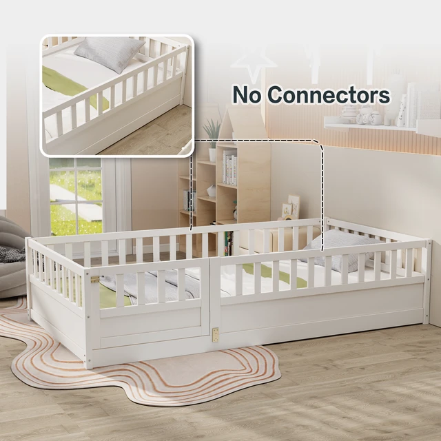 Alt view image 4 of 7 - Twin Size Floor bed, integral construction with super high security barrier, door, children's floor bed frame, Montessori wooden children's floor bed, Support slat white(Patented model)