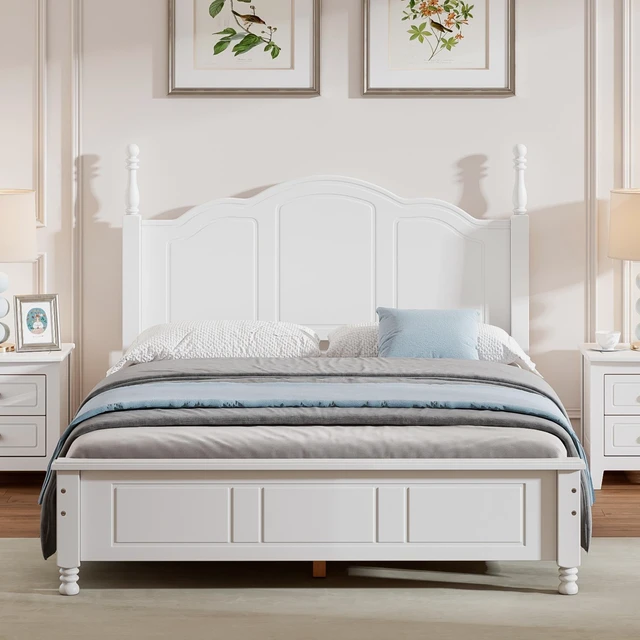 Main image of Full Size Wood Platform Bed Frame,Retro Style Platform Bed with Wooden Slat Support,White