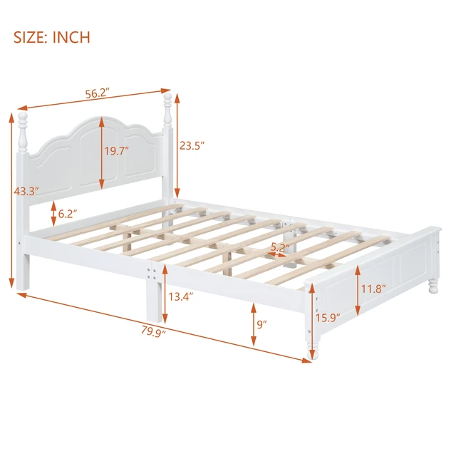 Alt view image 6 of 7 - Full Size Wood Platform Bed Frame,Retro Style Platform Bed with Wooden Slat Support,White