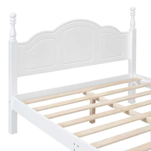 Alt view image 7 of 7 - Full Size Wood Platform Bed Frame,Retro Style Platform Bed with Wooden Slat Support,White