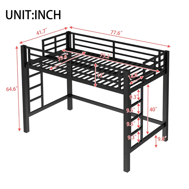 Alt view image 3 of 7 - Twin Size Metal Loft Bed, Loft Bed with Easy Climbing Ladder and Guardrails , Black