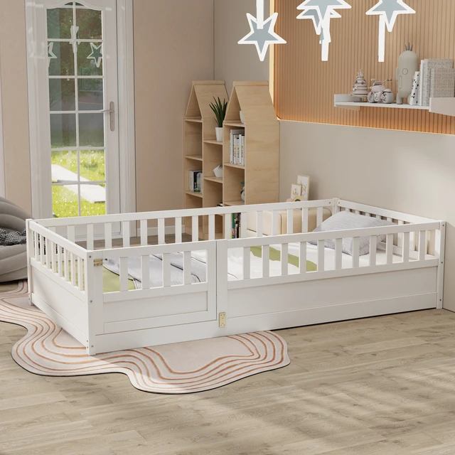 Alt view image 2 of 7 - Twin Size Floor bed, integral construction with super high security barrier, door, children's floor bed frame, Montessori wooden children's floor bed, Support slat white(Patented model)