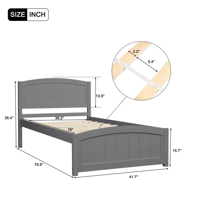 Alt view image 5 of 7 - Wood Platform Bed with Headboard,Footboard and Wood Slat Support, Gray