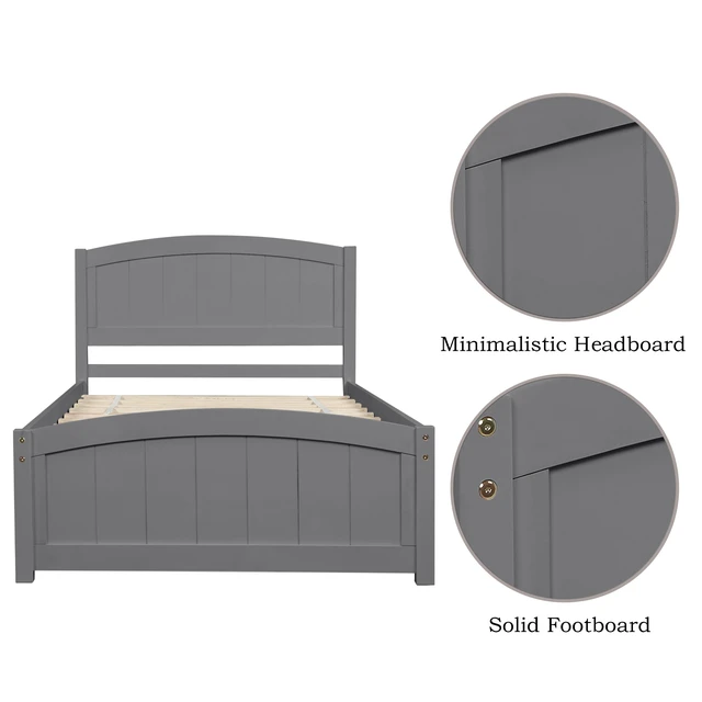 Alt view image 7 of 7 - Wood Platform Bed with Headboard,Footboard and Wood Slat Support, Gray