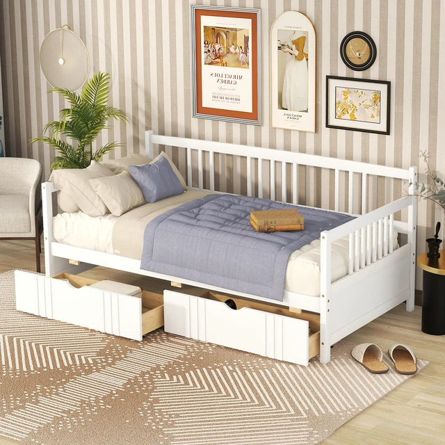 Main image of Twin Size Daybed Wood Bed with Two Drawers,White
