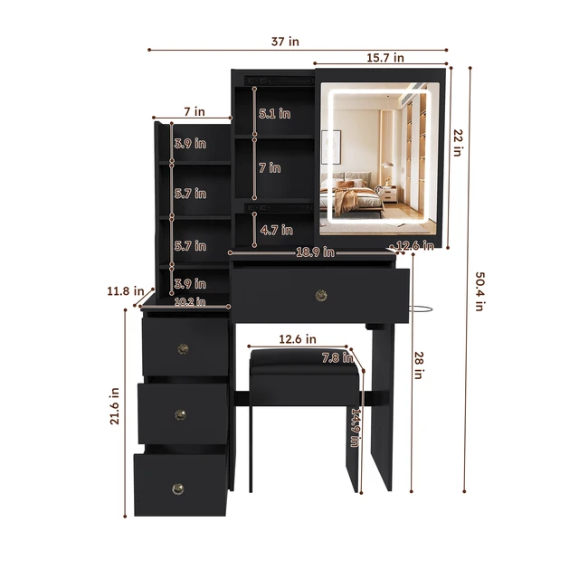 Alt view image 4 of 7 - Modern Vanity Desk ,featuring 3 modes of LED lighting with adjustable brightness , with 4 drawers and multiple open storage shelves, with a hair dryer holder and power socket, a dressing chair. Black